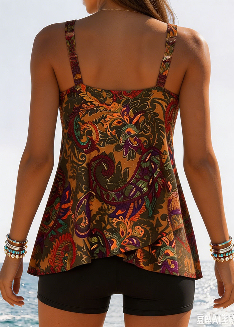 Bohemian Paisley Print Asymmetrical Tankini