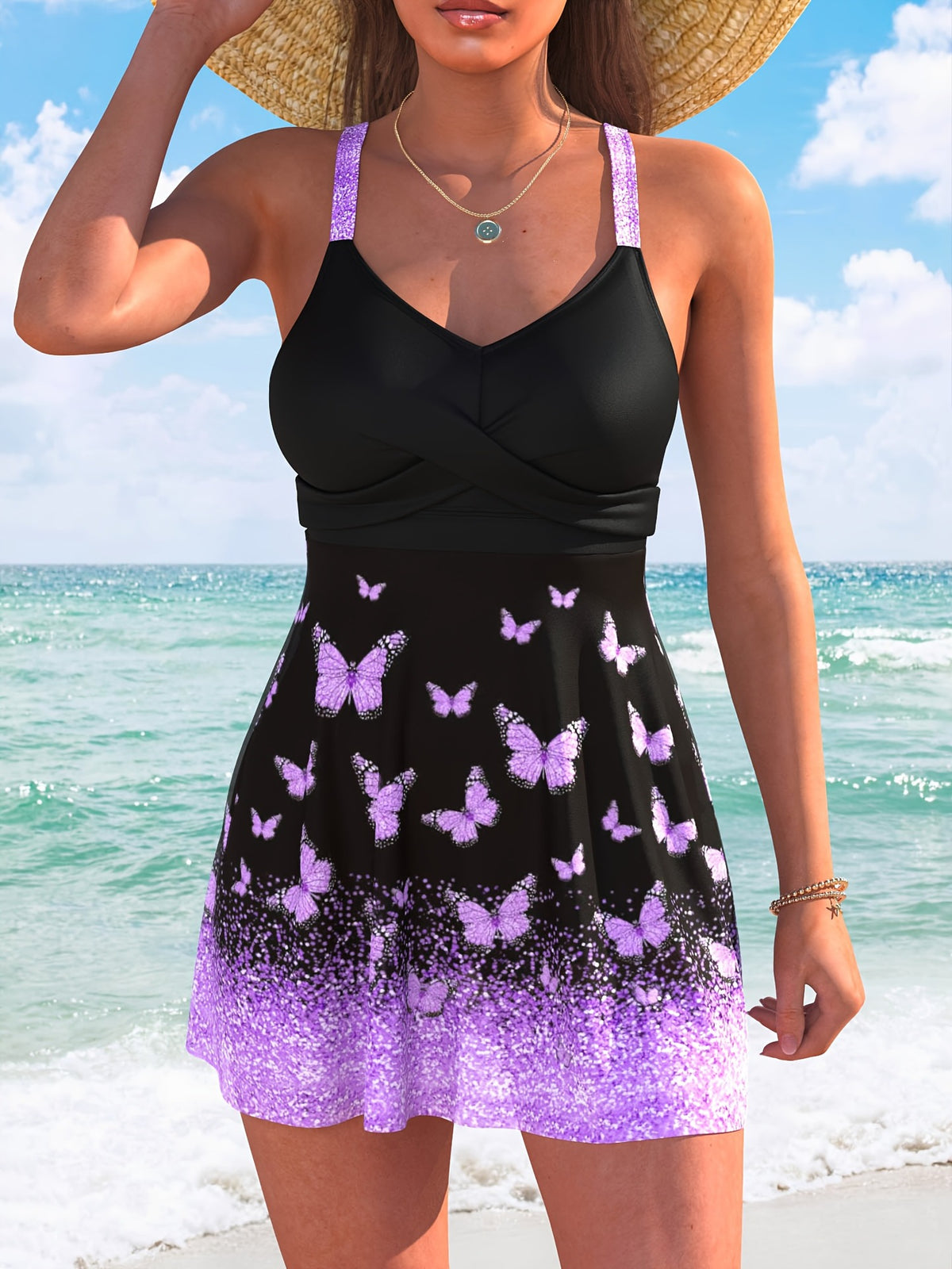 Black & Purple Butterfly Print Swim Dress