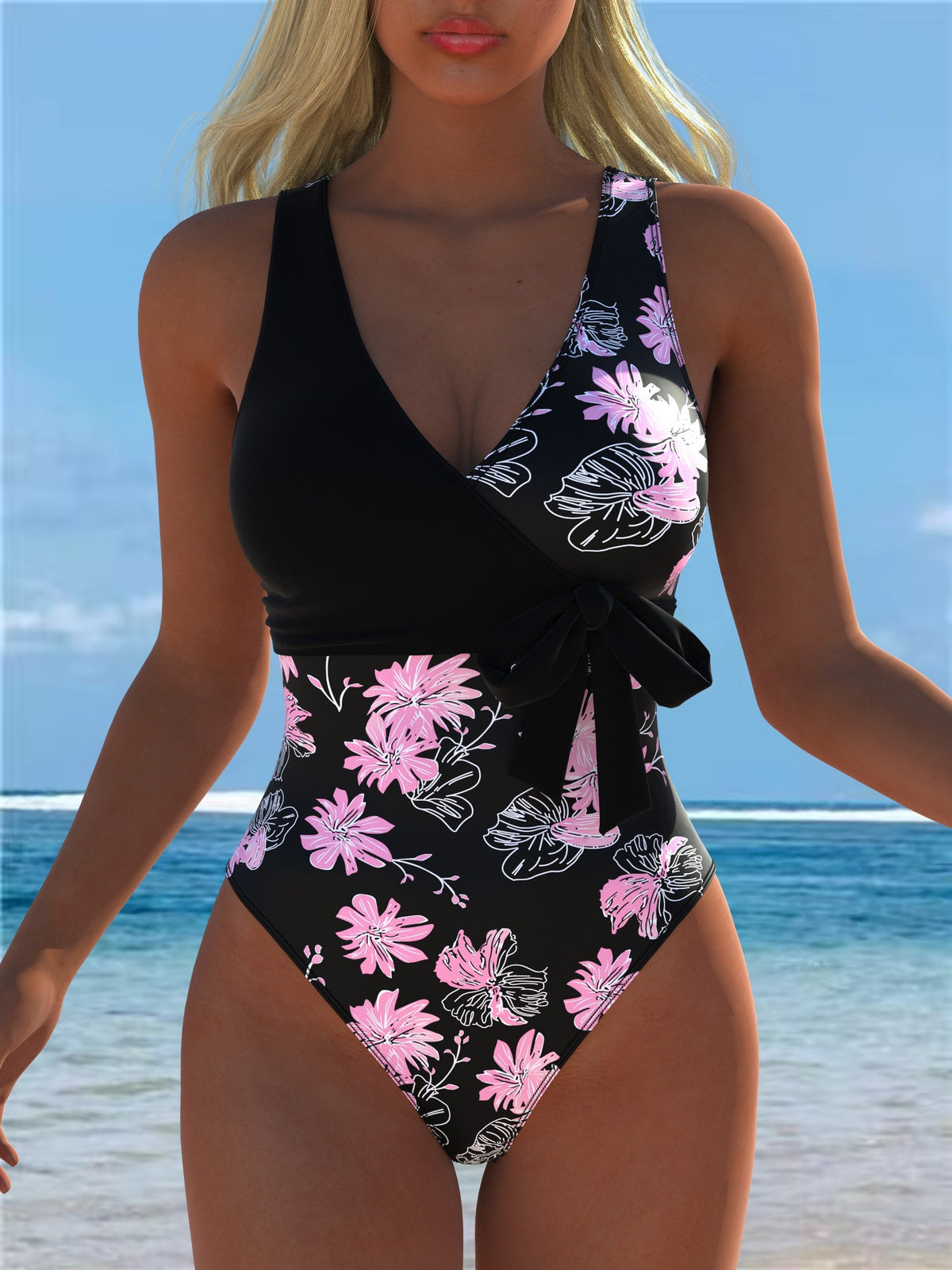 Black Pink Floral Wrap-Front Bow Swimsuit