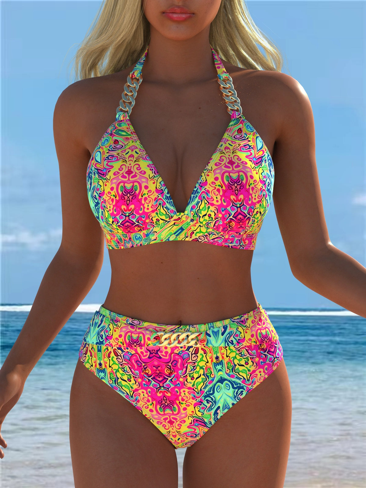Neon Psychedelic Print Chain Halter Bikini Set