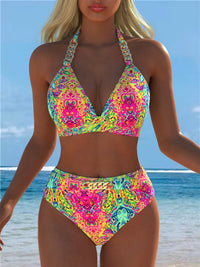Neon Psychedelic Print Chain Halter Bikini Set