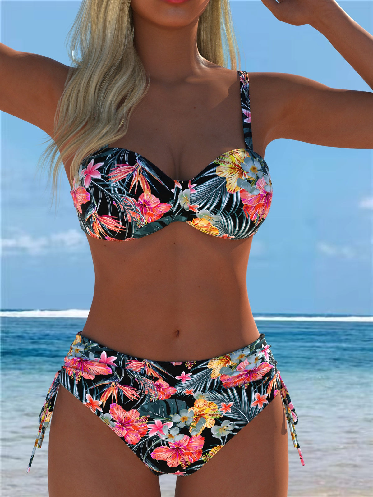 Black Tropical Floral Bandeau Bikini Set
