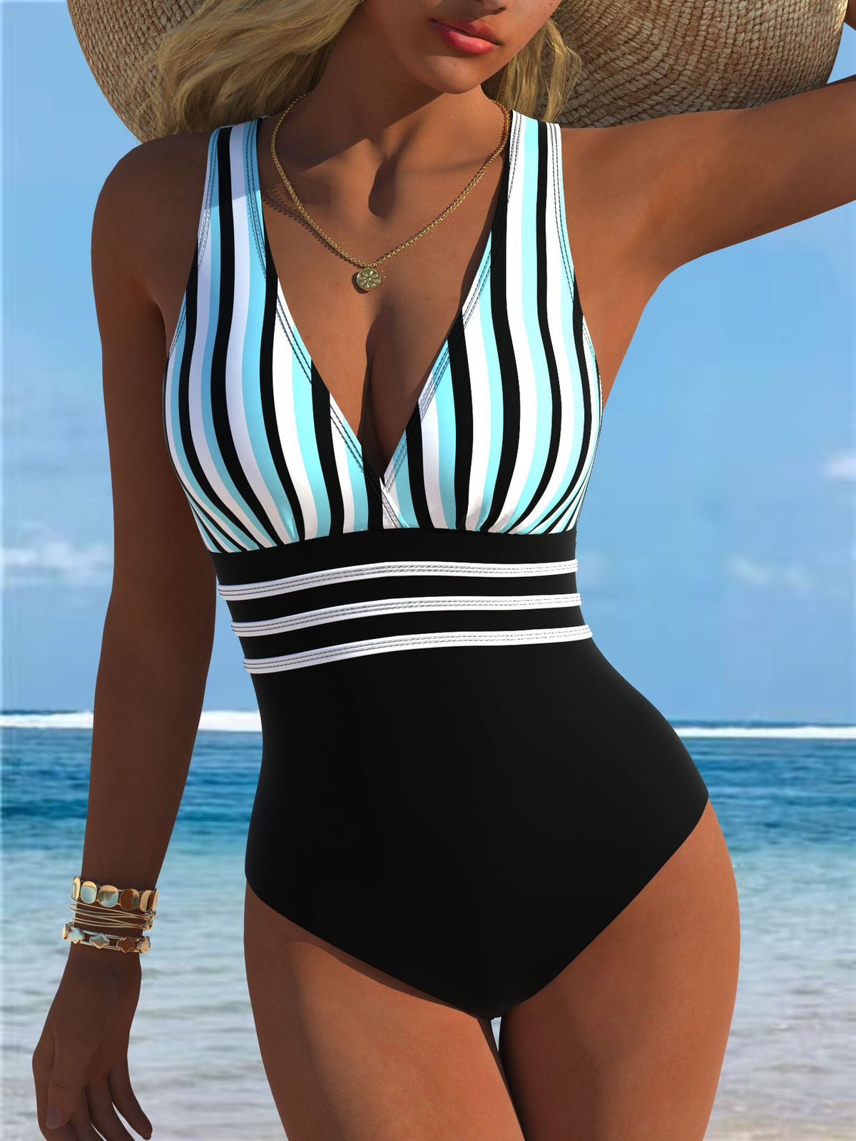 Blue Black White Stripe V-Neck Swimsuit