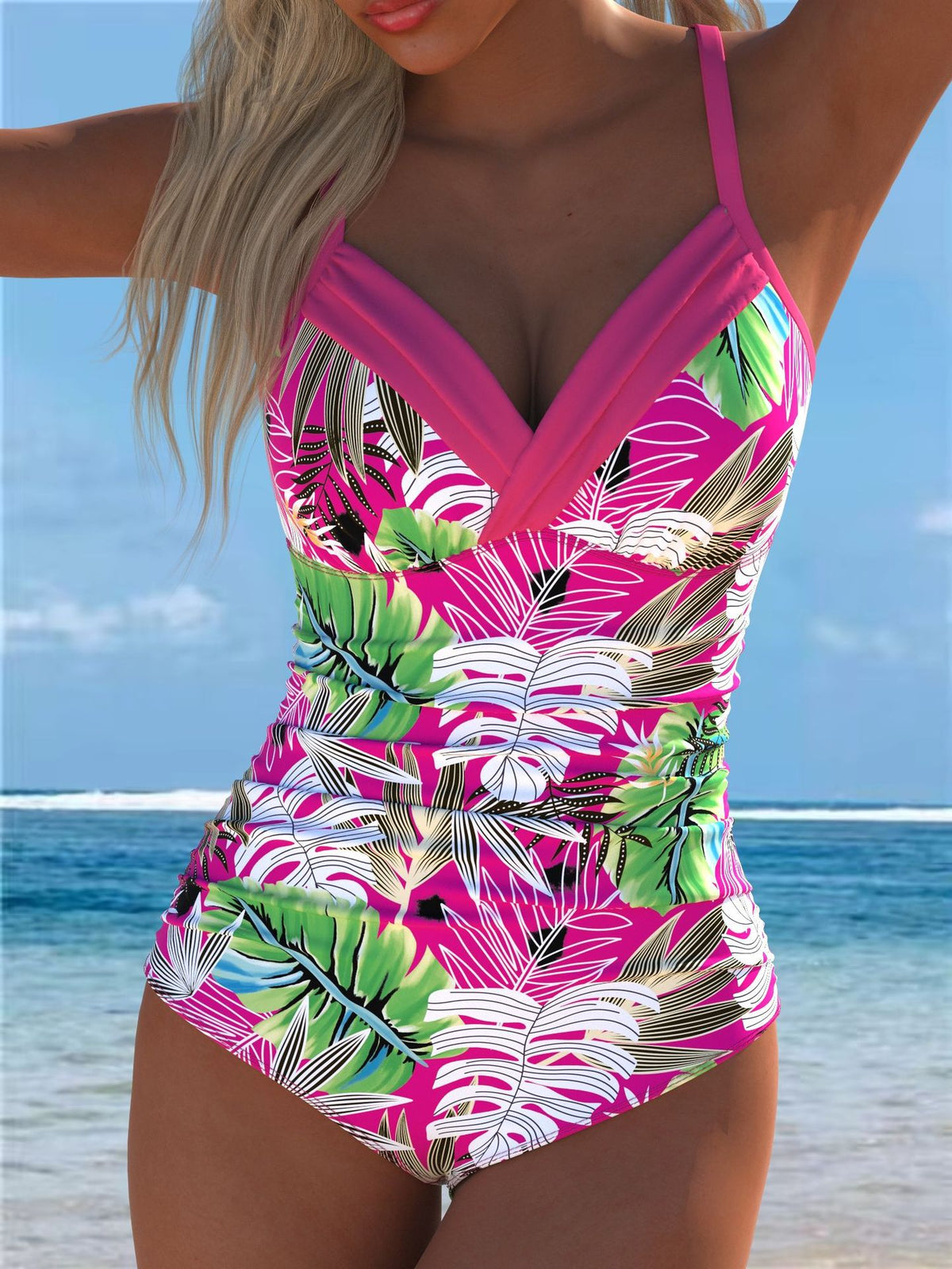 Pink Tropical Leaf Print V-Neck Swimsuit