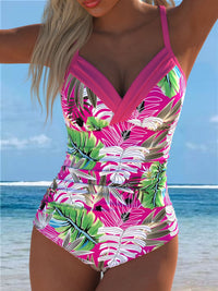Pink Tropical Leaf Print V-Neck Swimsuit