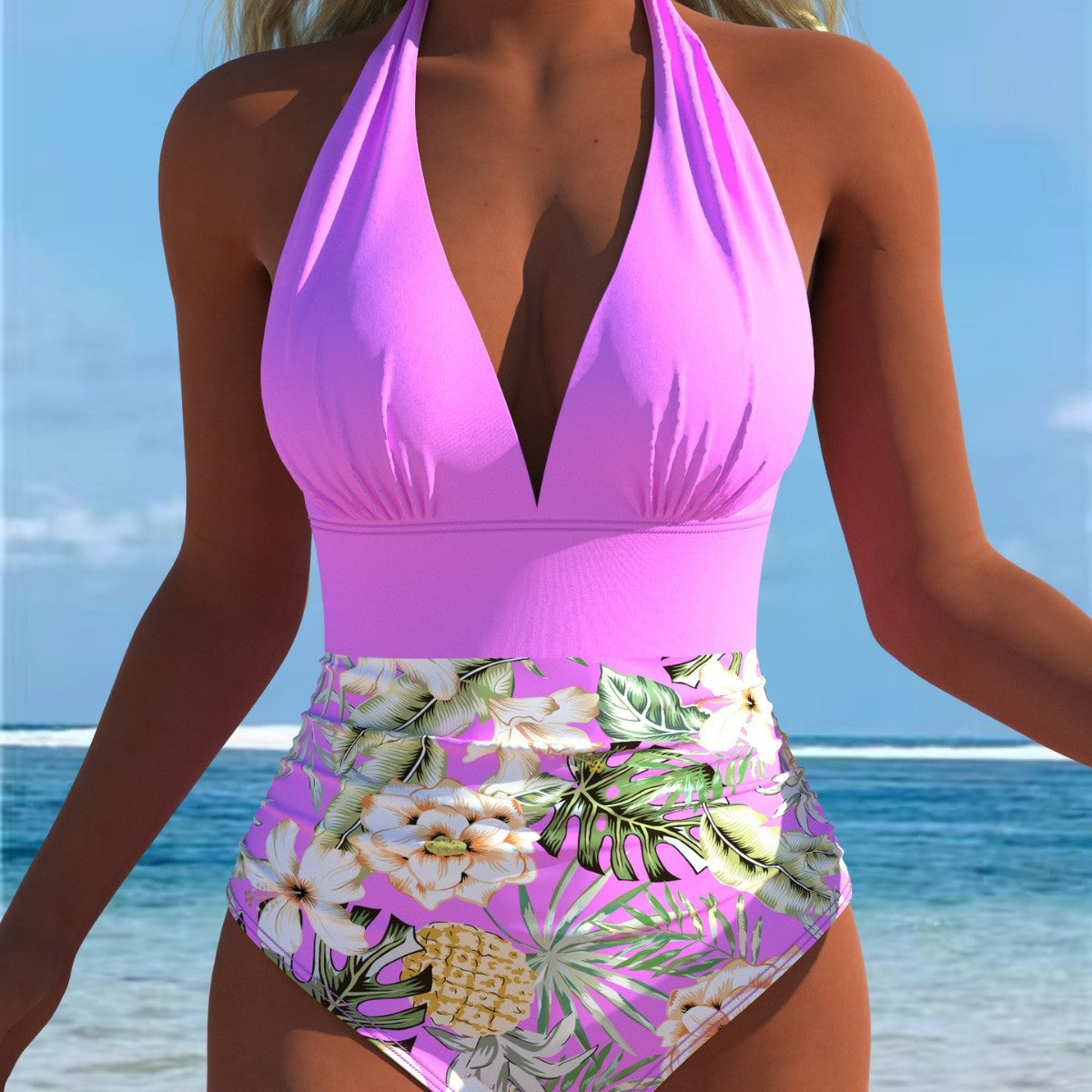 Lilac Halter Neck Tropical Floral One-Piece Swimsuit