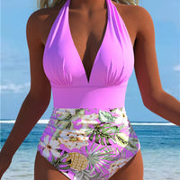 Lilac Halter Neck Tropical Floral One-Piece Swimsuit