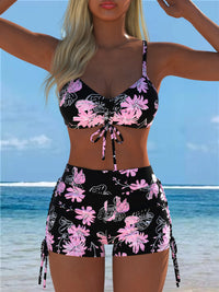 Black Pink Floral Lace-Up High Waist Bikini Set