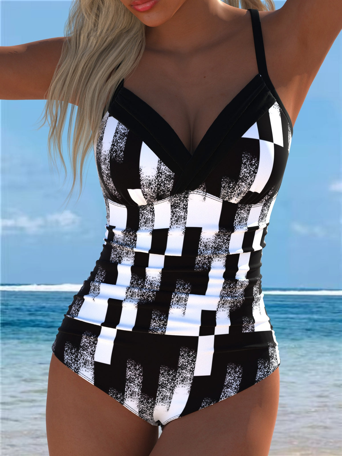 Black and White Abstract Print Ruched Swimsuit