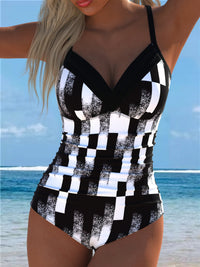 Black and White Abstract Print Ruched Swimsuit