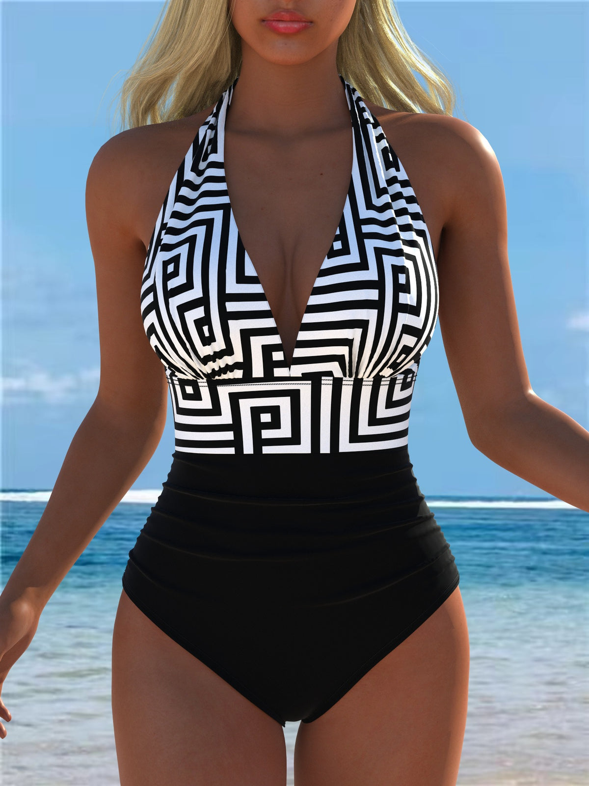 Black White Geometric Halter One-Piece Swimsuit