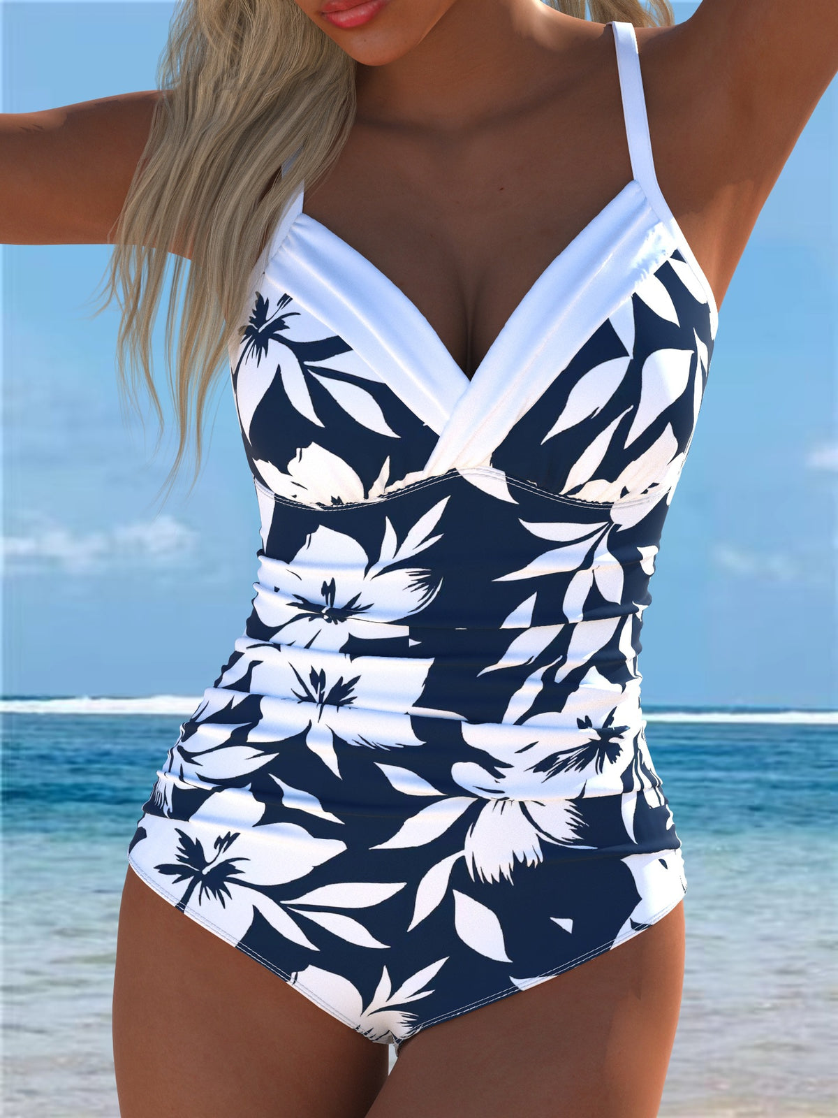 Navy Floral V-Neck Ruched One-Piece Swimsuit
