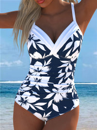 Navy Floral V-Neck Ruched One-Piece Swimsuit
