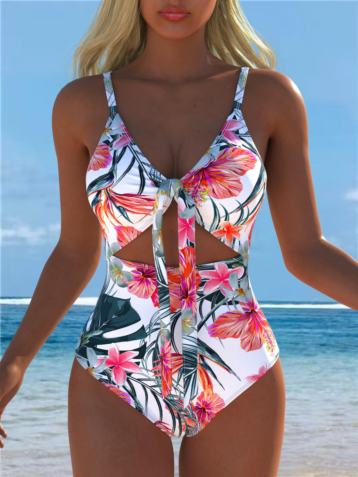 Tropical Floral Cutout Tie-Front One-Piece Swimsuit