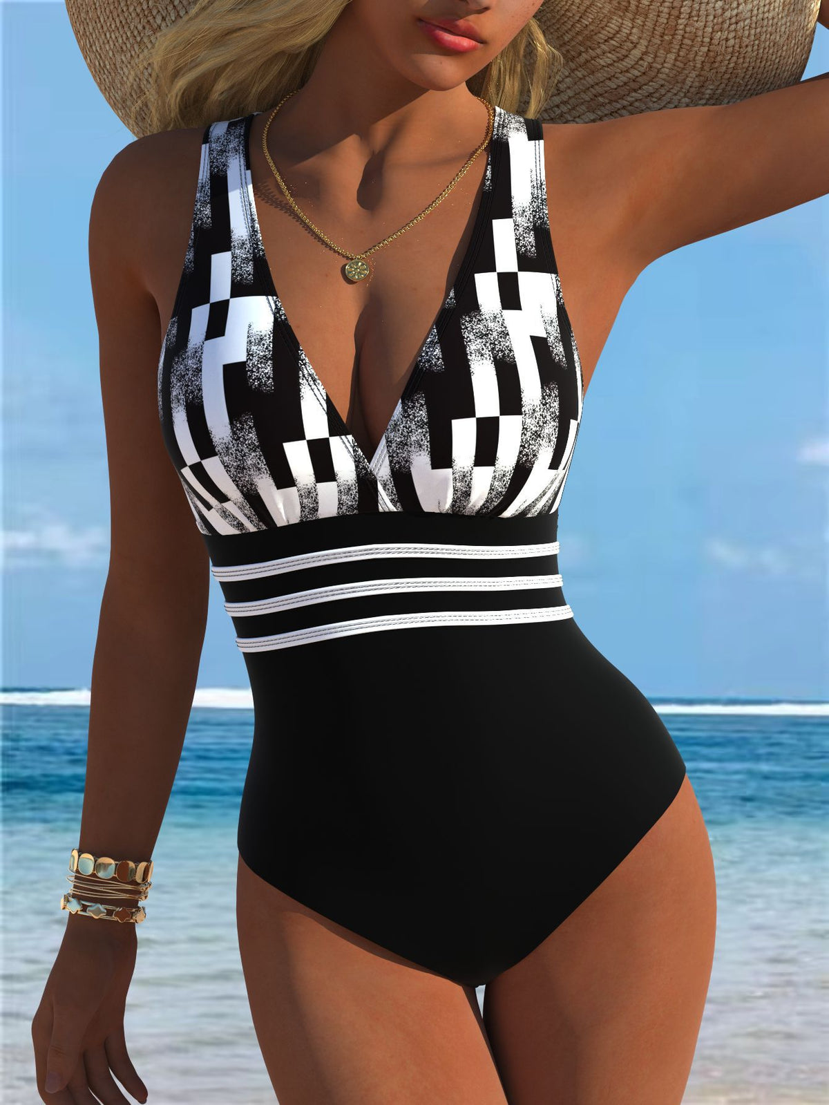 Black White Checkered V-Neck Swimsuit