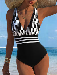 Black White Checkered V-Neck Swimsuit