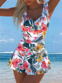 White Tropical Floral V-Neck Swim Dress