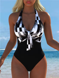 Black & White Checkered Halter One-Piece Swimsuit