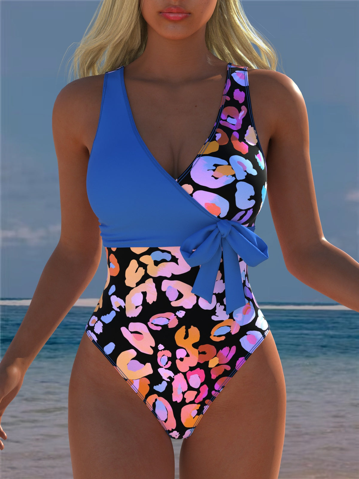 Blue Colorful Leopard Print Wrap Swimsuit