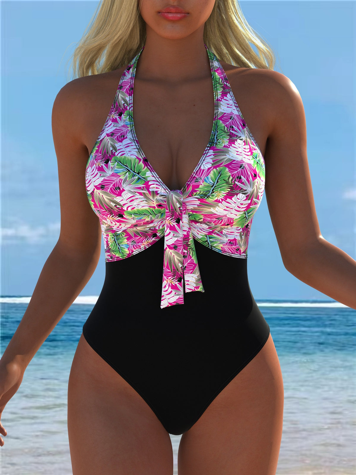 Pink Tropical Leaf Print Halter Swimsuit