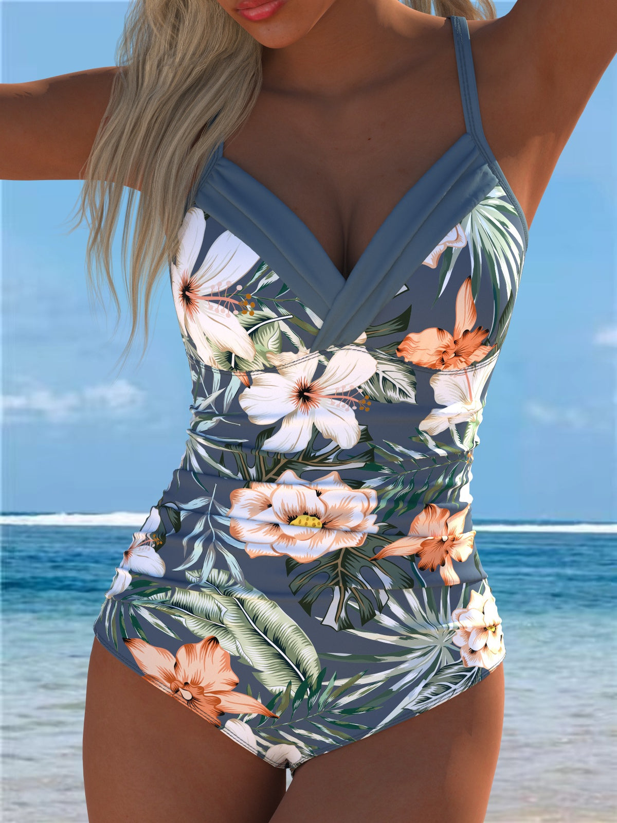 Grey Tropical Floral Ruched One-Piece Swimsuit