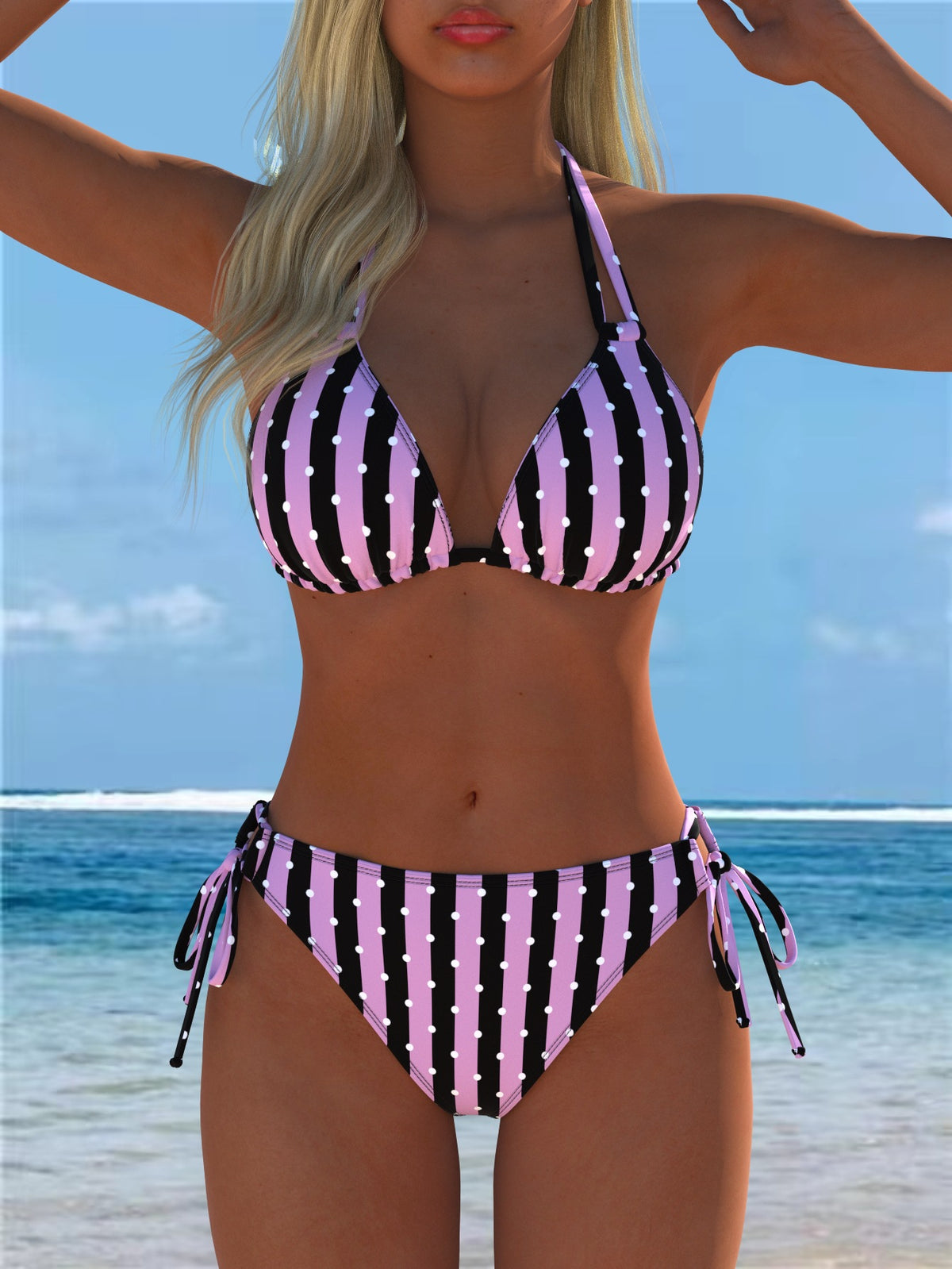 Pink Black Striped Polka Dot Halter Bikini Set