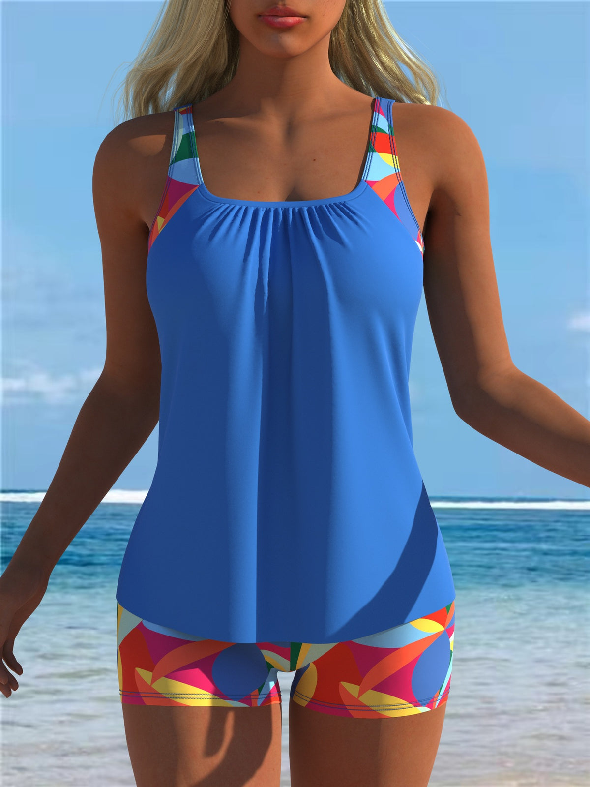 Blue Tankini with Colorful Geometric Swim Shorts