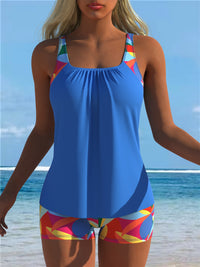 Blue Tankini with Colorful Geometric Swim Shorts