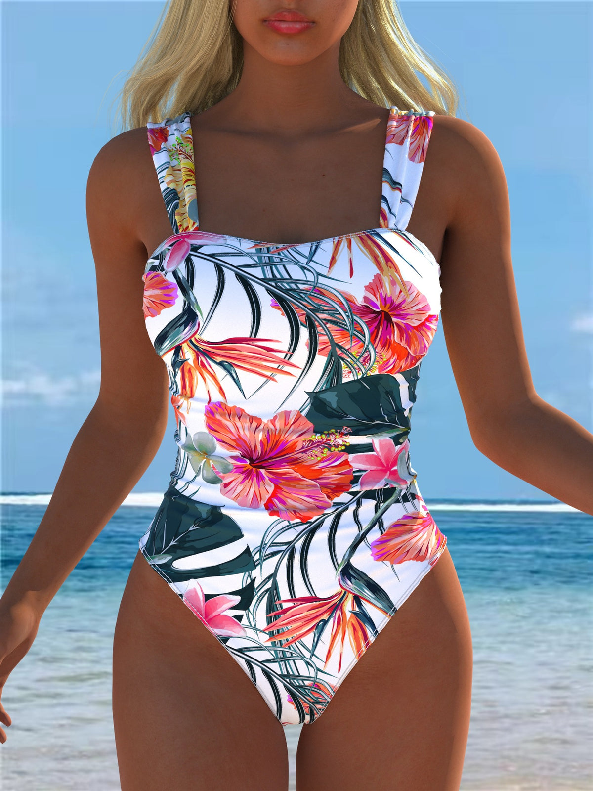 White Tropical Floral Square Neck Swimsuit