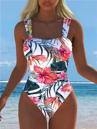 White Tropical Floral Square Neck Swimsuit