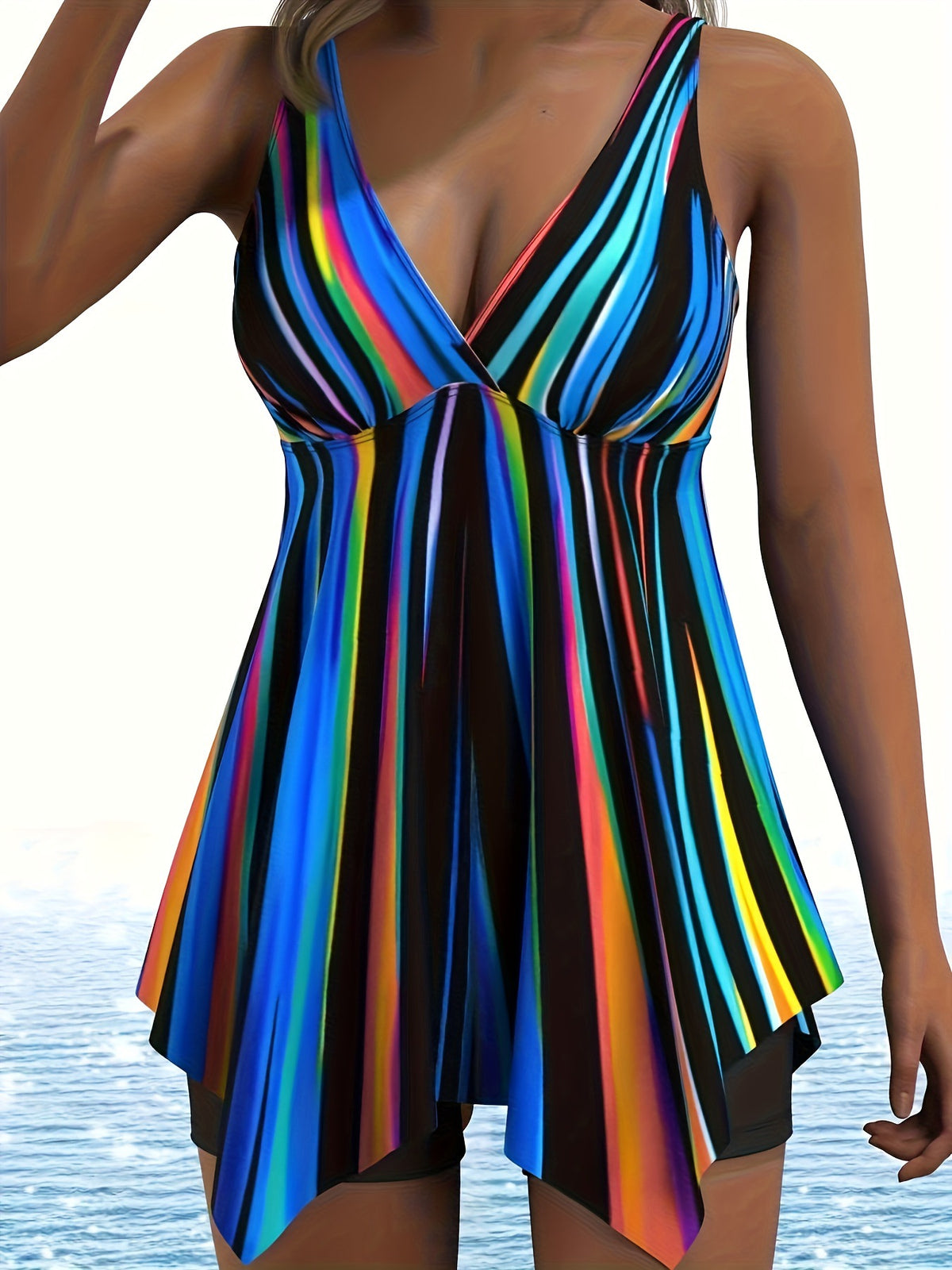 Colorful Striped V-Neck Swim Dress with Shorts