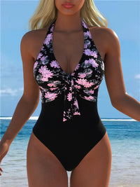 Black Pink Floral Halter V-Neck Swimsuit