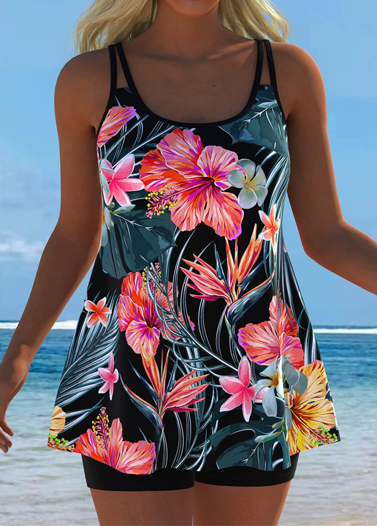Tropical Hibiscus Print Tankini with Shorts