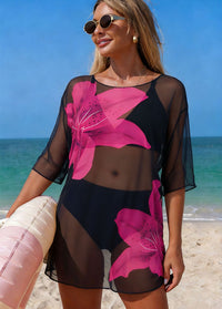 Bold Red Lily Print Sheer Mesh 3 Piece Bikini