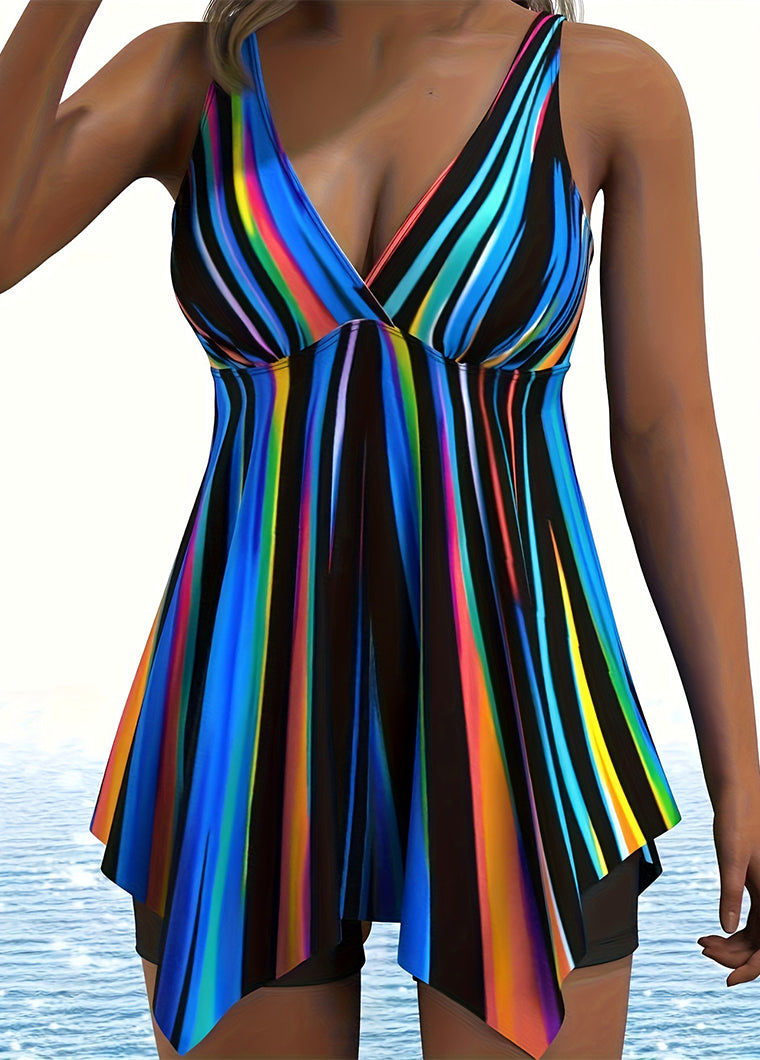 Colorful Striped V-Neck Swim Dress with Shorts