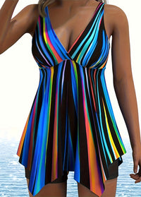 Colorful Striped V-Neck Swim Dress with Shorts