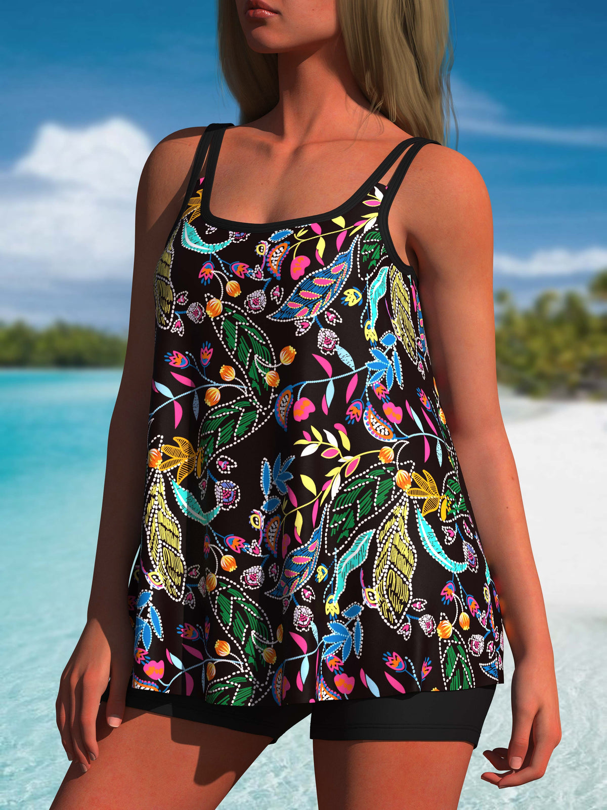 Floral Print Double Strap Fashion Tankini Thong Set