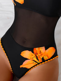 One-Piece Swimsuit with Mesh Patchwork And Floral Print,