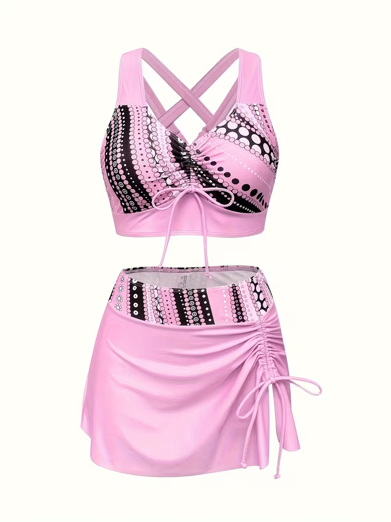 Ruffle Trim Three-Piece Swimsuit Dress Set
