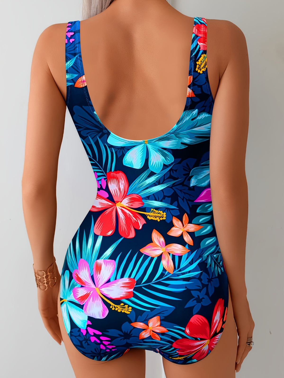 Vibrant Tropical Hibiscus Print One Piece Swimsuit