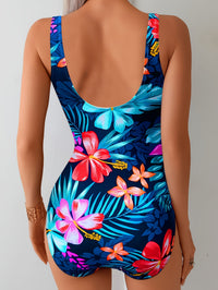 Vibrant Tropical Hibiscus Print One Piece Swimsuit
