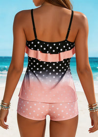 Black Pink Ombre Polka Dot Ruffled Tankini Set