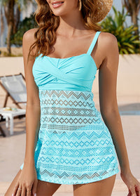 Lace Stitching Cross Strap Cyan Swimdress Set