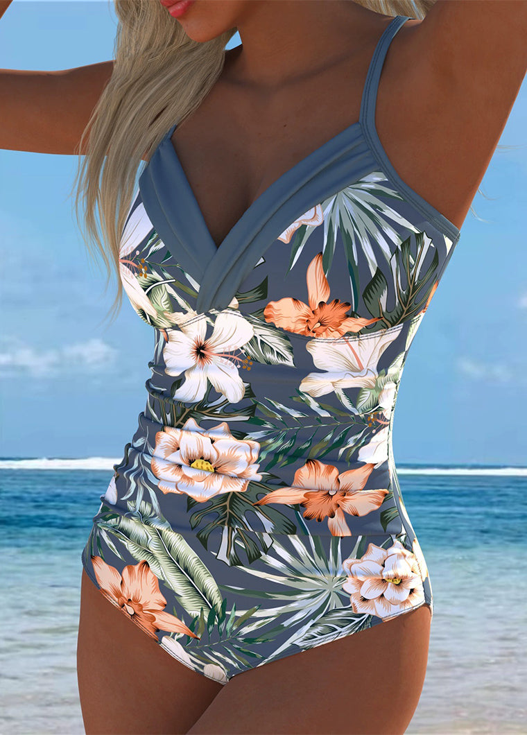 Grey Tropical Floral Ruched One-Piece Swimsuit