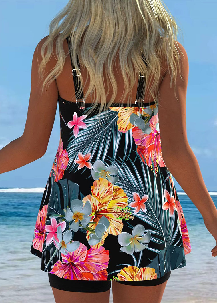 Tropical Hibiscus Print Tankini with Shorts