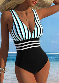 Blue Black White Stripe V-Neck Swimsuit