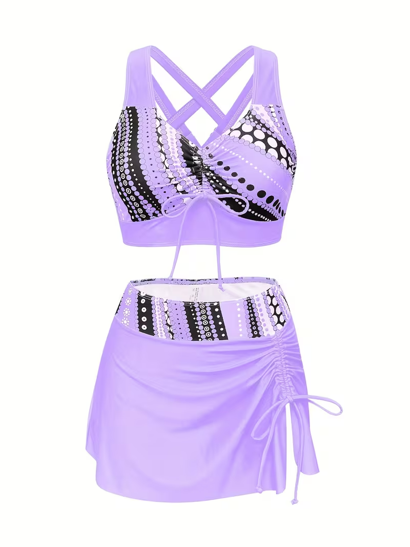 Ruffle Trim Three-Piece Swimsuit Dress Set