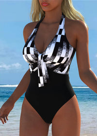 Black & White Checkered Halter One-Piece Swimsuit