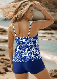 Plus Size Flower Printed Blue Tankini