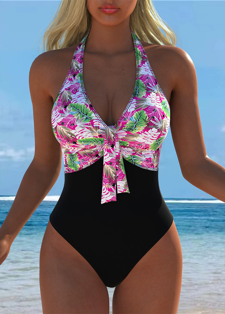 Pink Tropical Leaf Print Halter Swimsuit
